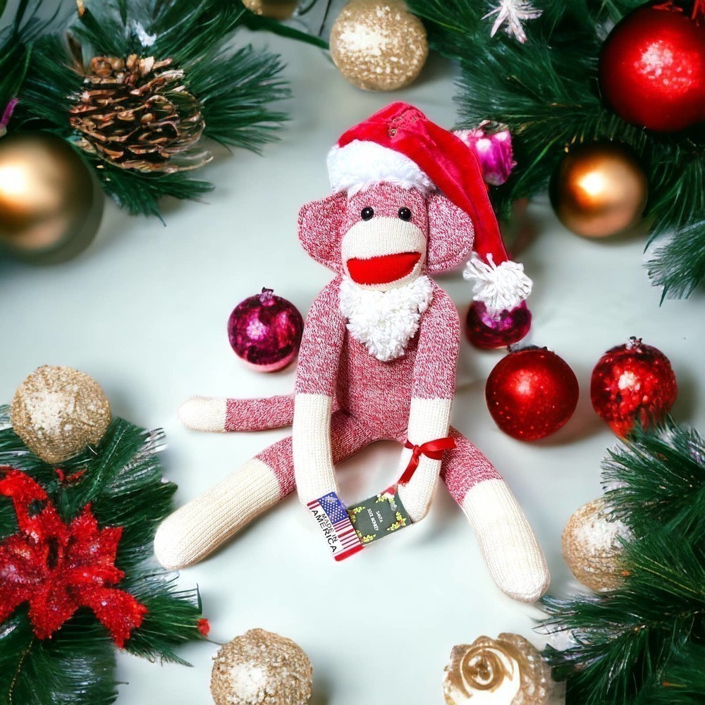 Santa Sock Monkey Stuffed Animal Toy Ozark Mountain Kids USA NOS Folk Art